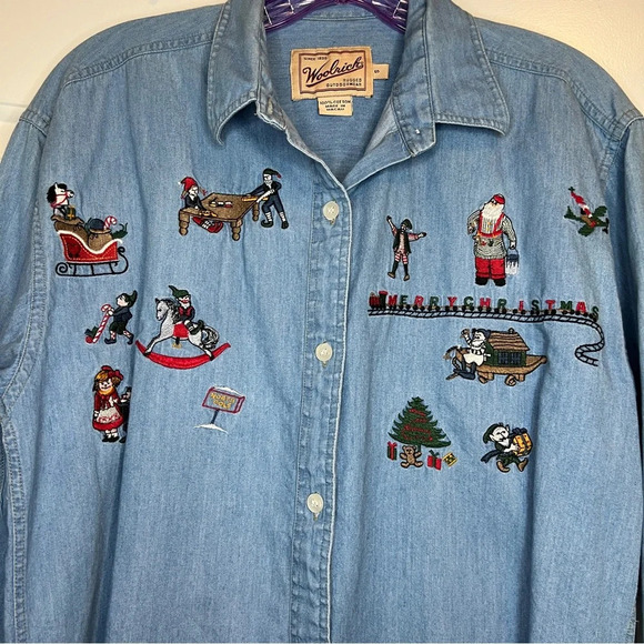 Vintage Woolrich Denim Chambray Christmas Santa Eves Shirt Size Small - Picture 3 of 6